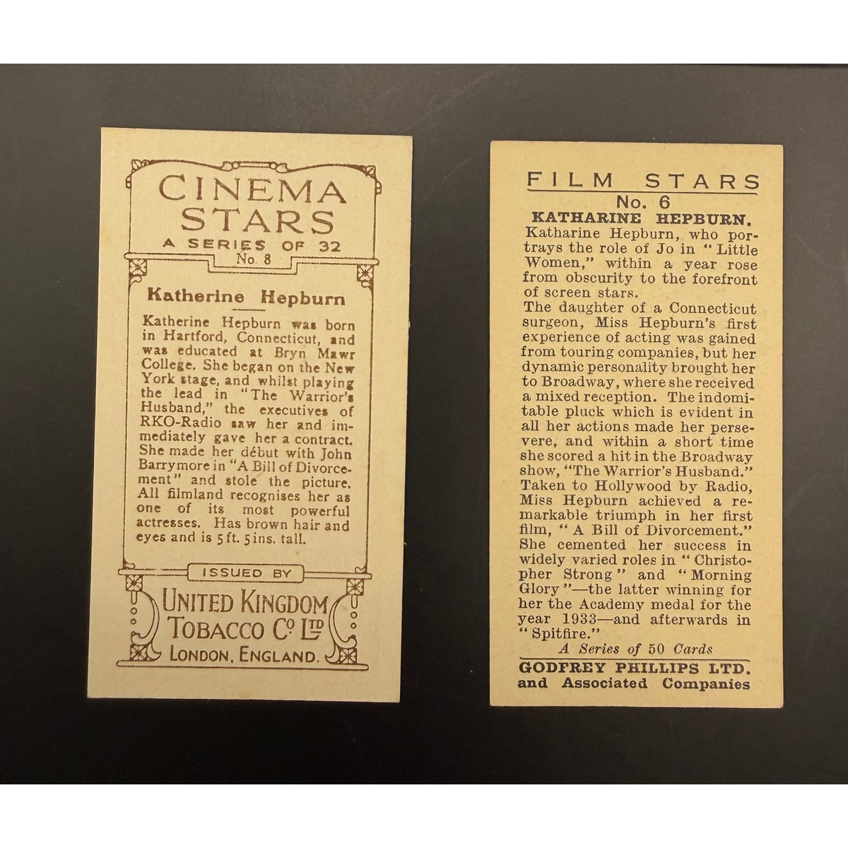 1934 Katherine Hepburn Tobacco Cards Godfrey Phillips UK Tobacco Little Women, On Golden Pond, The Philadelphia Story, Lion in the Winter