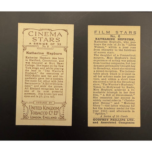 1934 Katherine Hepburn Tobacco Cards Godfrey Phillips UK Tobacco Little Women, On Golden Pond, The Philadelphia Story, Lion in the Winter