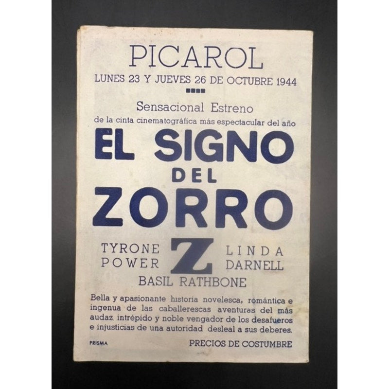 1940s Spanish Mark of Zorro Movie Herald Handbill Tyrone Power, Basil Rathbone, Hollywood, Don Diego, Ty Power