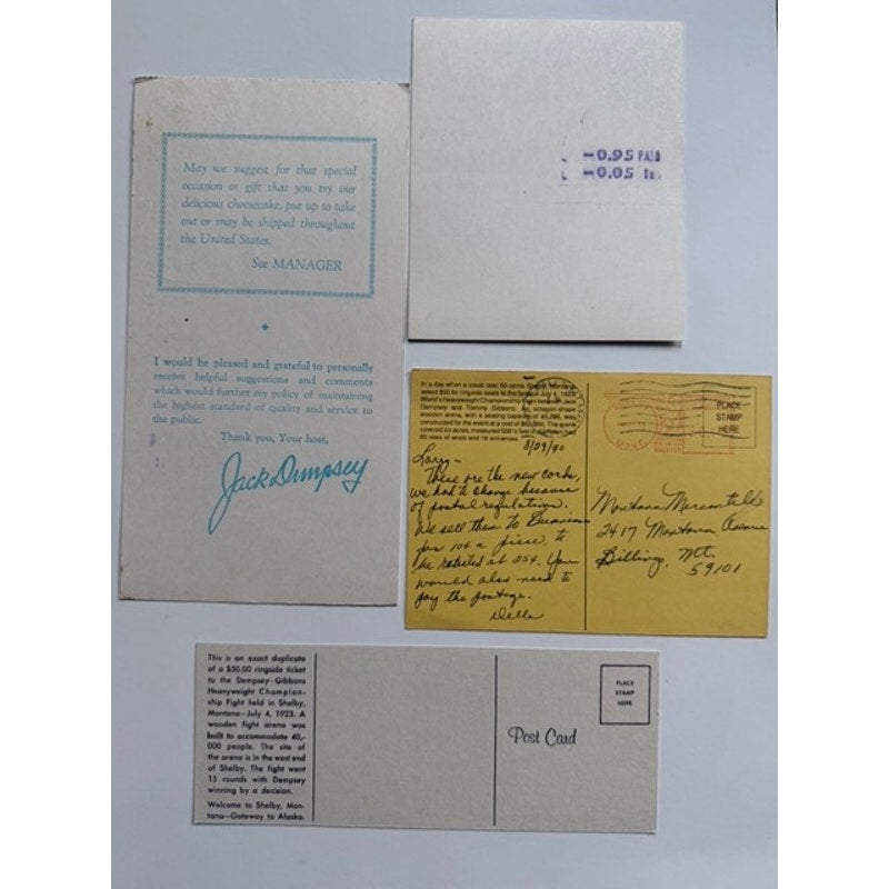 Vintage Jack Dempsey Postcards and Dempsey Resturant Bills Manassa Mauler Heavyweight Champion of the World, Boxing