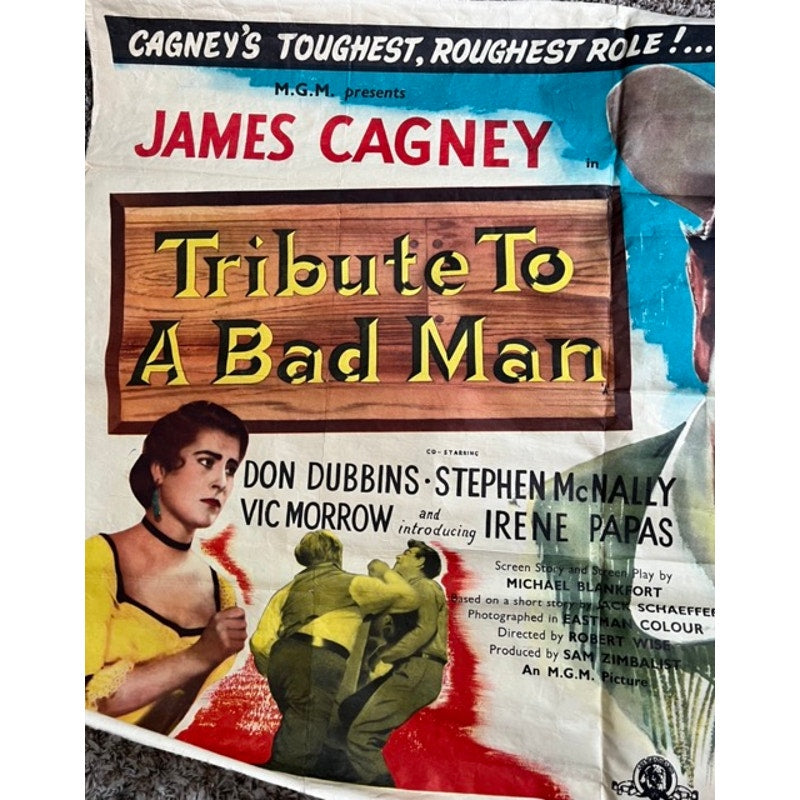 Original 1956 UK British Quad from Tribute to a Bad Man Starring James Cagney Western Vintage Movie Poster Jimmy Cagney Hollywood Cowboy