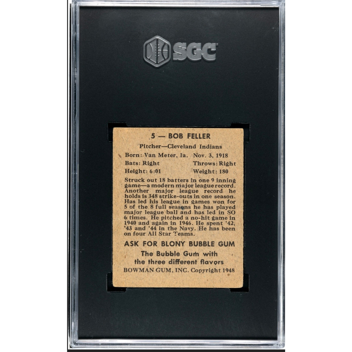 1948 Bowman Bob Feller SGC 2.5 Cleveland Guardians Bullet Bob, Hall of Fame, Baseball Card, MLB