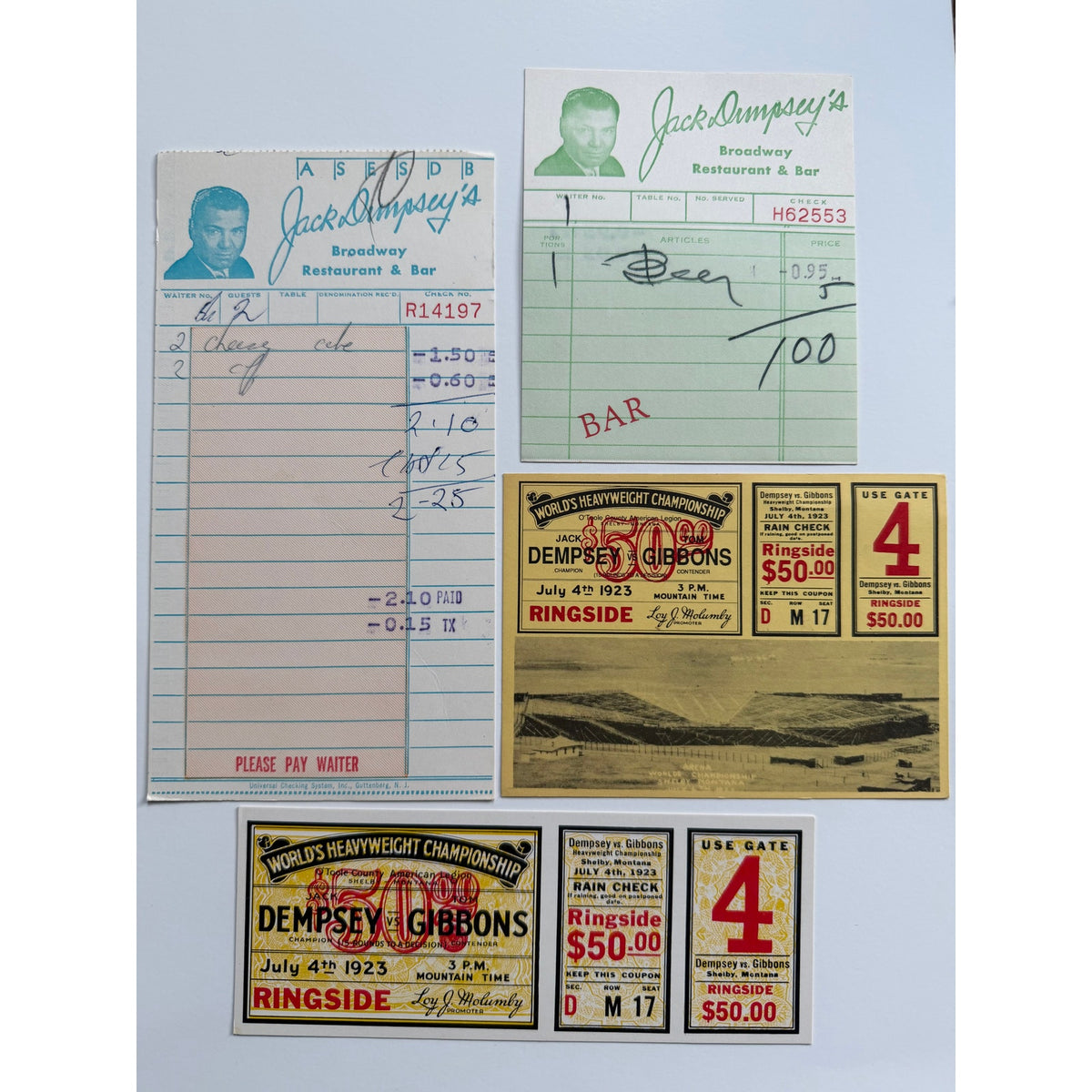 Vintage Jack Dempsey Postcards and Dempsey Resturant Bills Manassa Mauler Heavyweight Champion of the World, Boxing