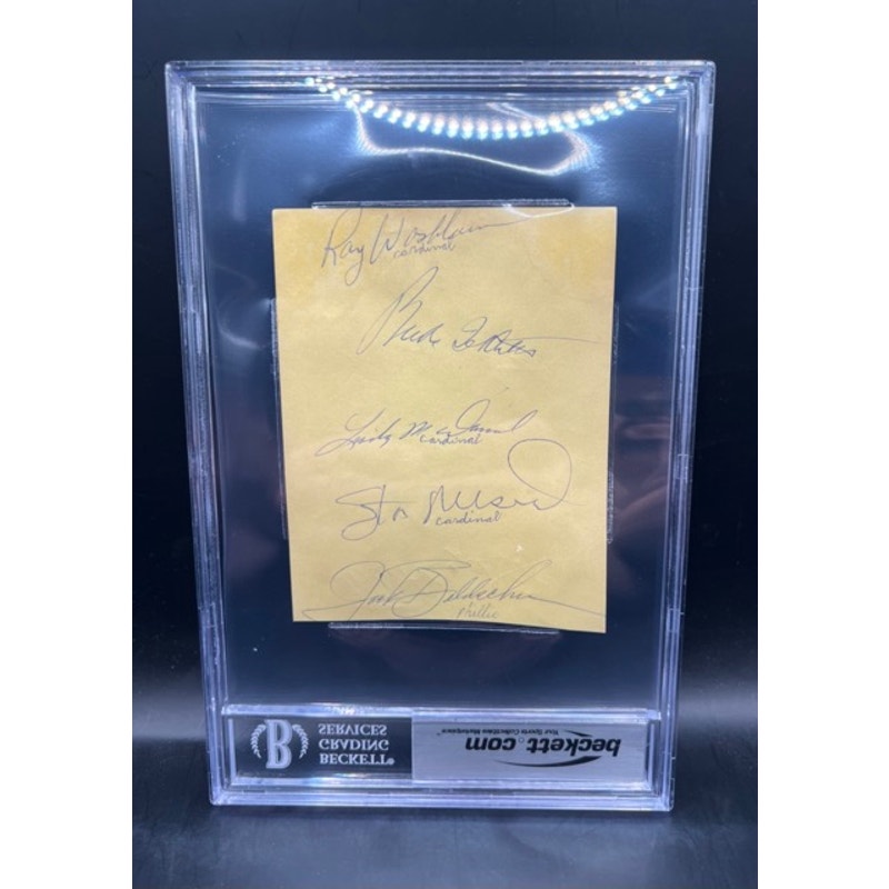 1962 MLB Players Autographed Bob Uecker Rookie, Lou Brock Rookie, Stan Musial Beckett! Chicago Cubs, St. Louis Cardinals, Milwaukee Braves