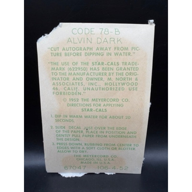 1952 Star Cal Decal Alvin Dark New York Giants, Baseball MLB, National League
