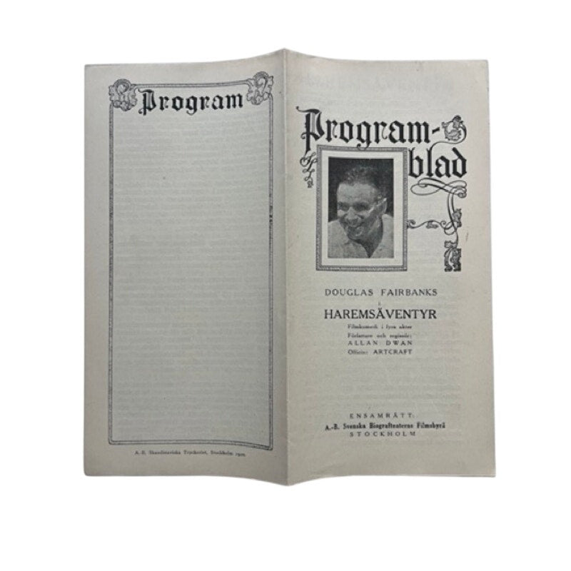 RARE Swedish 1920 Douglas Fairbanks Program from 1918 Bound in Morocco Hollywood, Thief of Bagdad, Three Musketeers, Iron Mask, Black Pirate