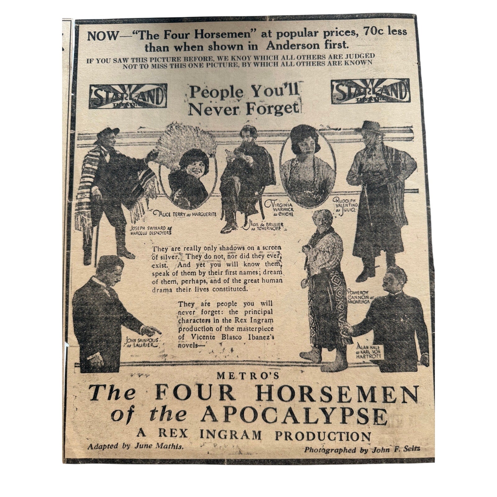 3 Rare 1921 Rudolph Valentino Four Horsemen of the Apocalypse Newspaper Movie Ads, The Sheik, Blood and Sand, A Sainted Devil, Young Rajah