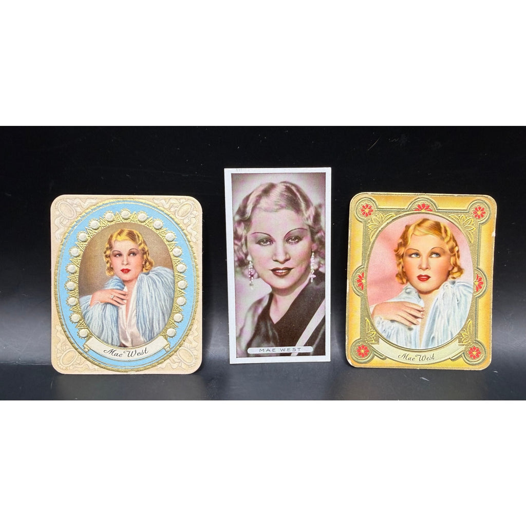 3 1930s Mae West Cards Garbaty, Ardath, Sultan, My Little Chickadee, Klondike Annie, Come Up and See Me Sometime, Hollywood