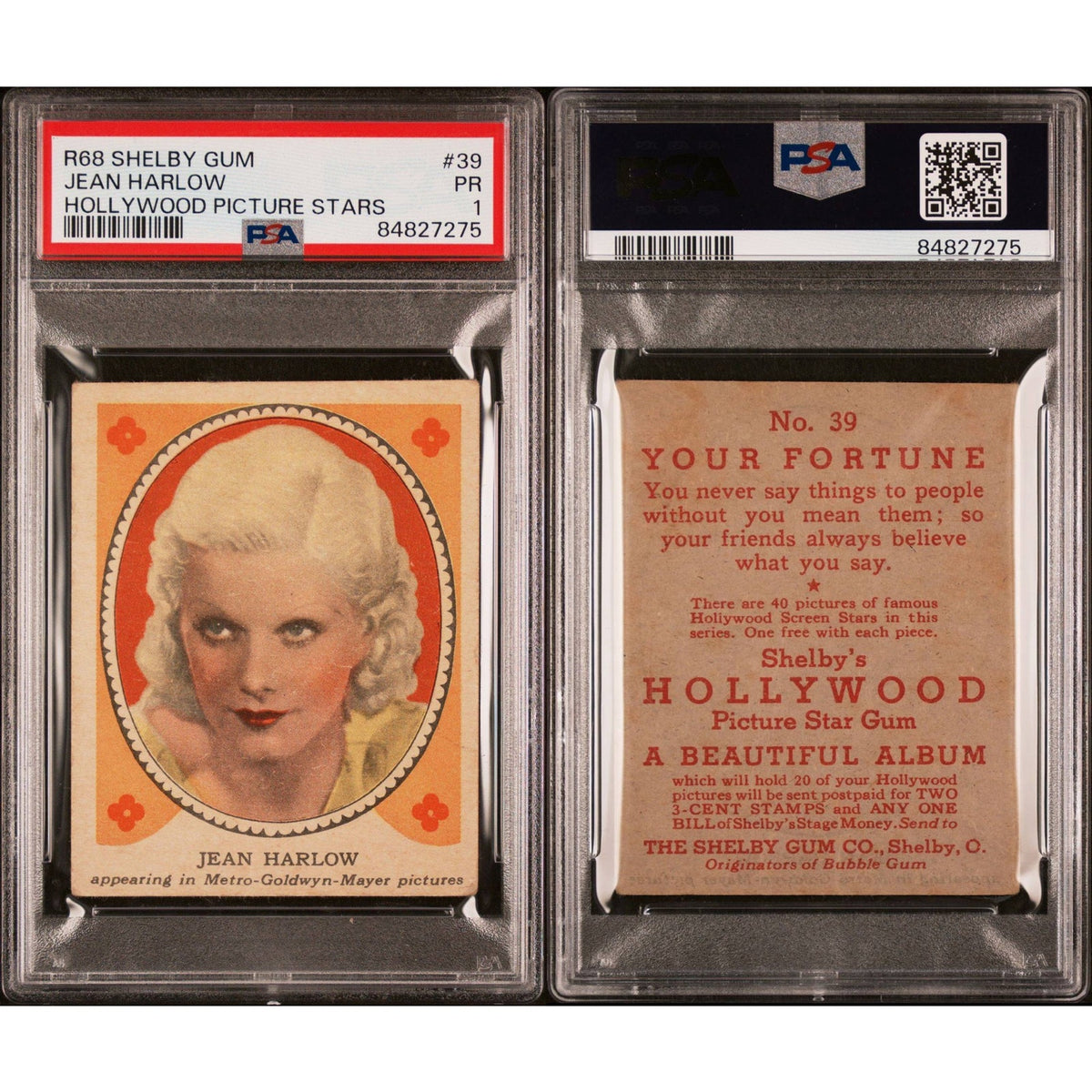 RARE 1937 R68 Shelby Gum Jean Harlow PSA Platinum Blonde, Dinner at Eight, Saratoga, Public Enemy, Hold That Man