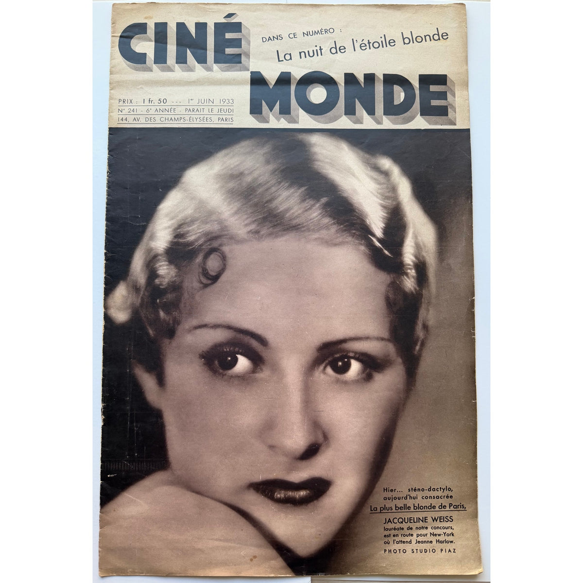 Rare French 1933 Tarzan Magazine Cine Monde, Johnny Weissmuller Ape Man Garbo, Dietrich, Jacqueline Weiss