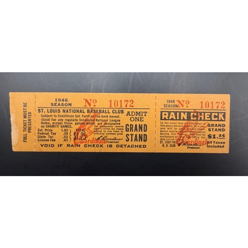 Unused 1946 St. Louis Cardinals Ticket Stan Musial, Enos Slaughter, 1946 World Champions