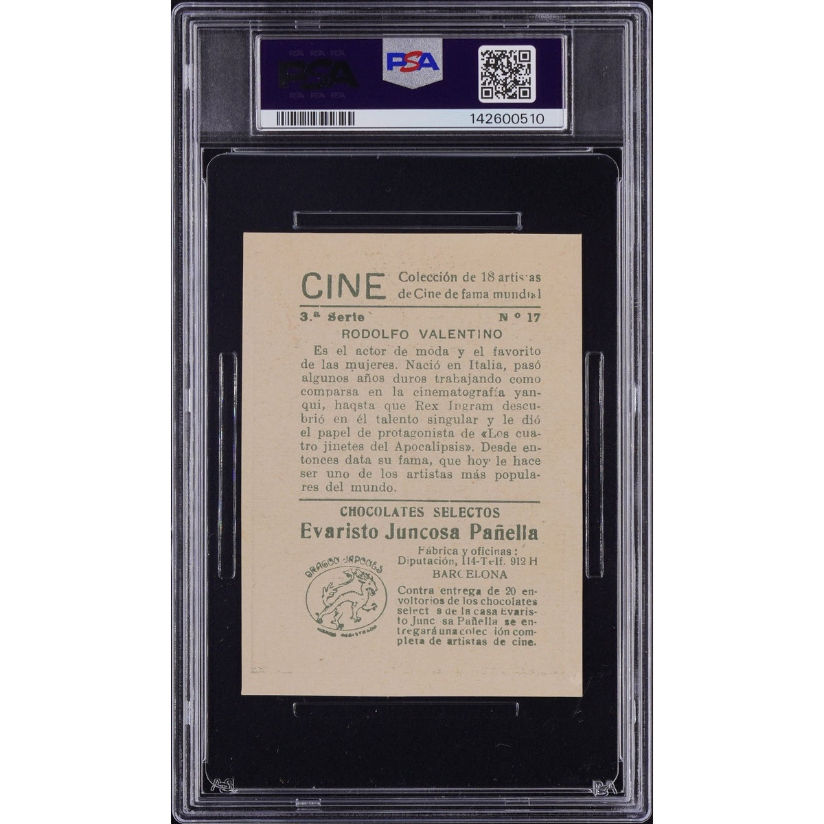 ONLY 1 GRADED 1920s Juncosa Rudolph Valentino Spanish Chocolate Card PSA 3, The Sheik, Blood and Sand, Sainted Devil, Young Rajah, Cobra
