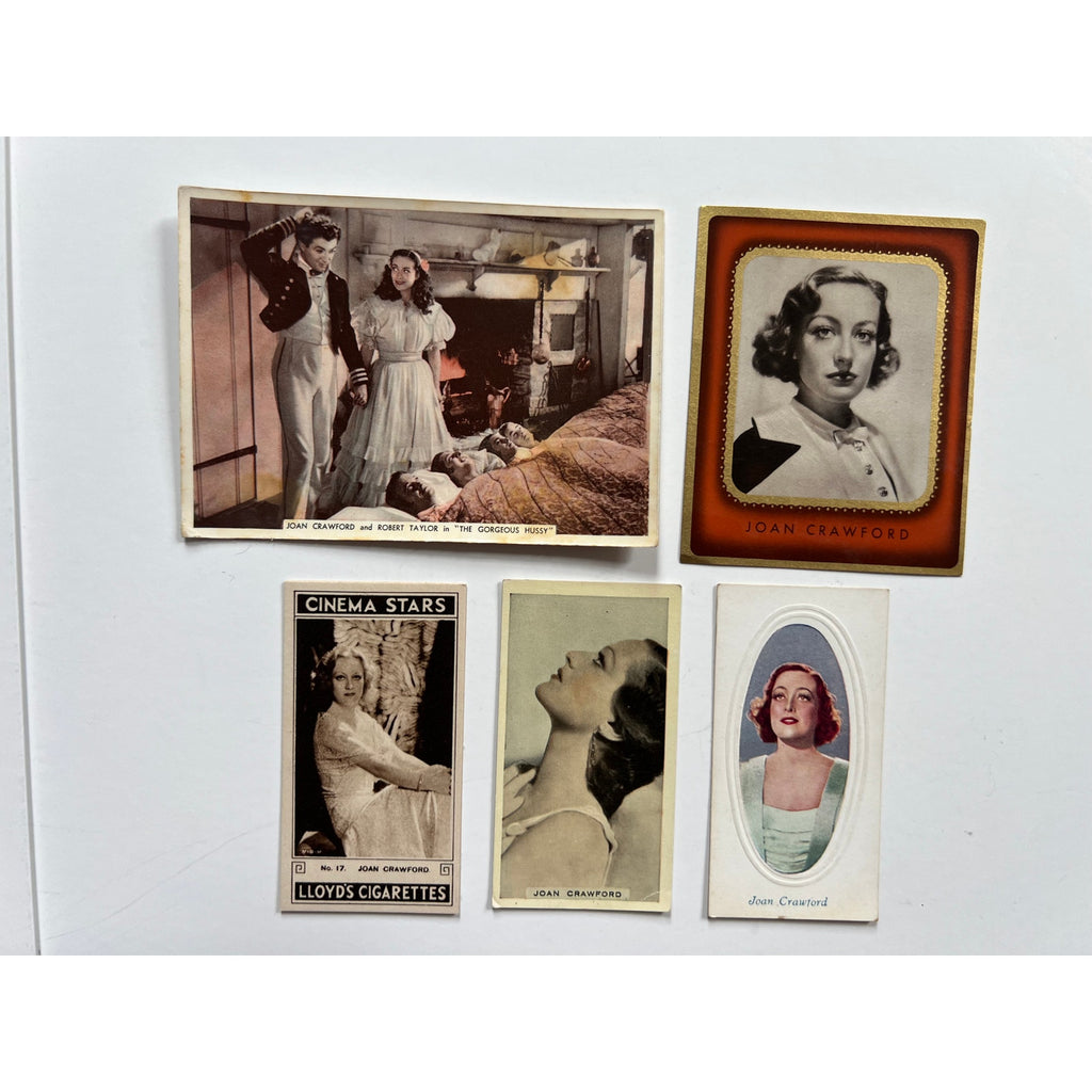 5 RARE 1930s Joan Crawford Tobacco Cards Ardath, Godfrey, Hollywood, Grand Hotel, Sadie McKee, Baby Jane, Mildred Pierce