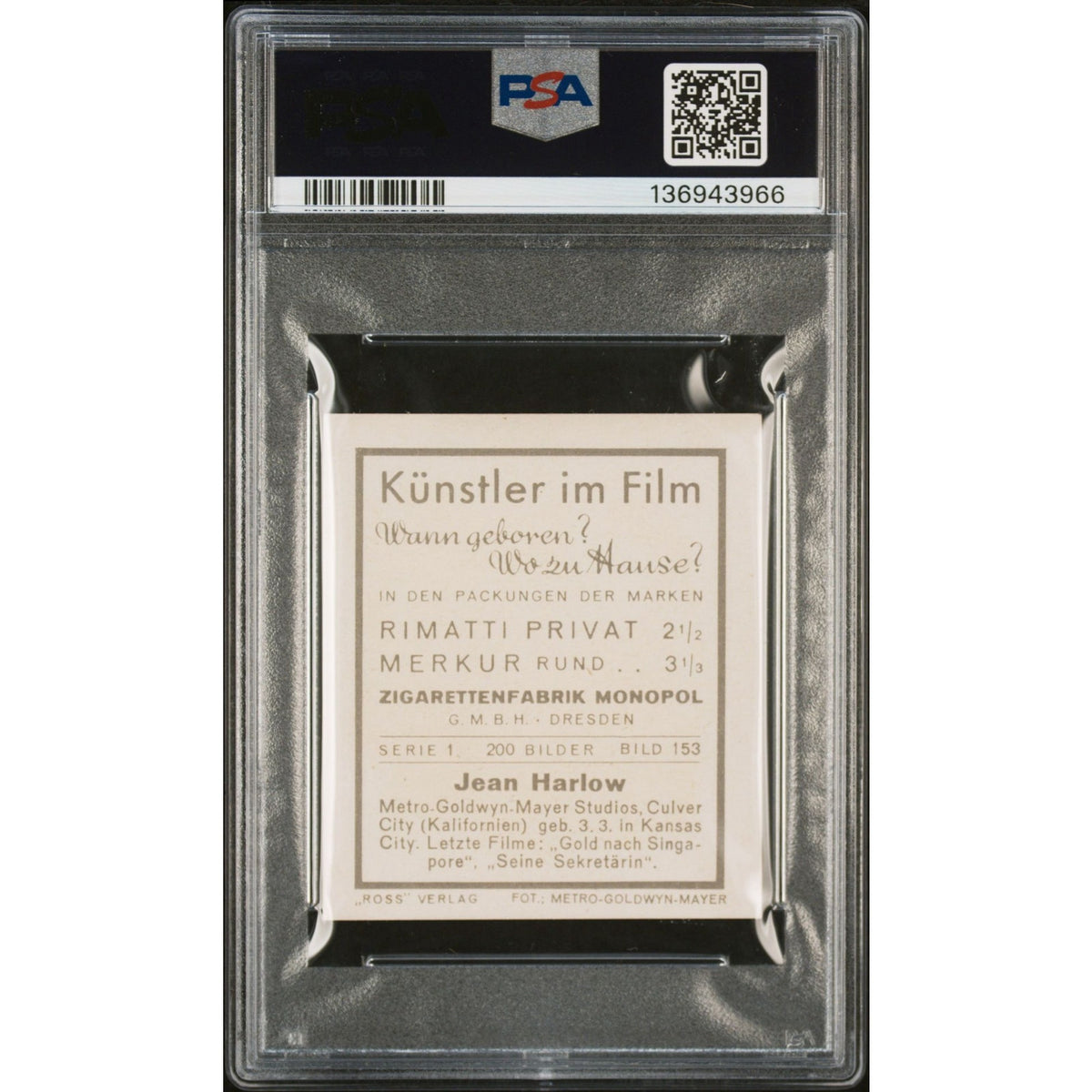 RARE 1939 Monopol Jean Harlow PSA 4, Only 5 Graded! Dinner at Eight, Saratoga, Public Enemy, Riff Raff, Wife vs. Secretary, Hollywood