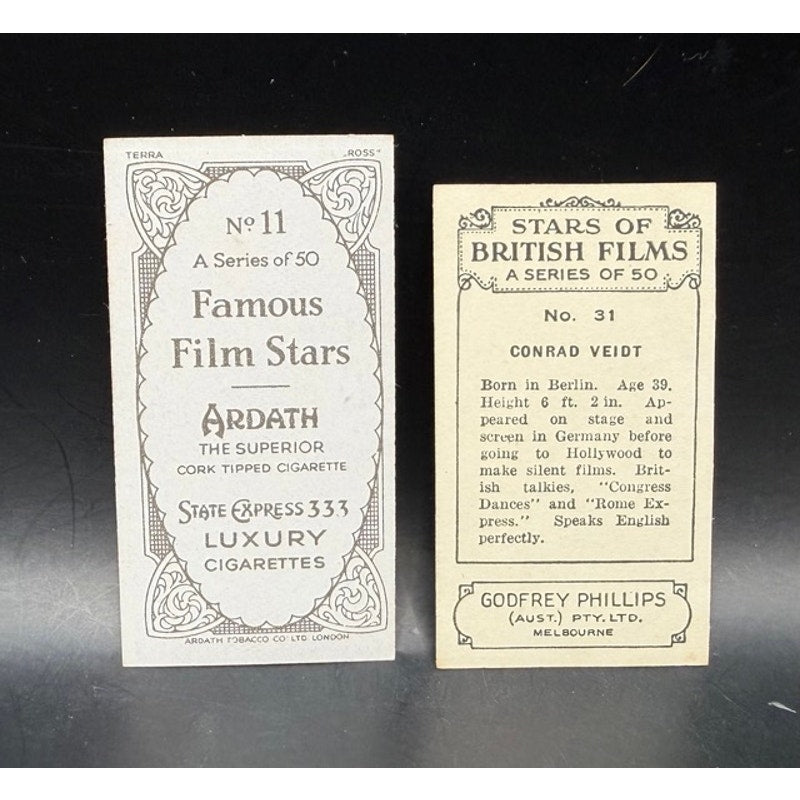 2 Rare 1930s Conrad Veidt Cards Ardath Godfrey Phillips Count Kostia, Dr Caligari, Casablanca, Rasputin, Man Who Laughs, Waxworks