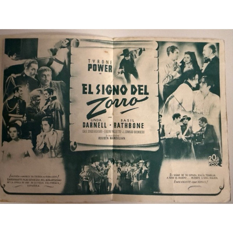 1940s Spanish Mark of Zorro Movie Herald Handbill Tyrone Power, Basil Rathbone, Hollywood, Don Diego, Ty Power, Popeye the Sailor Man