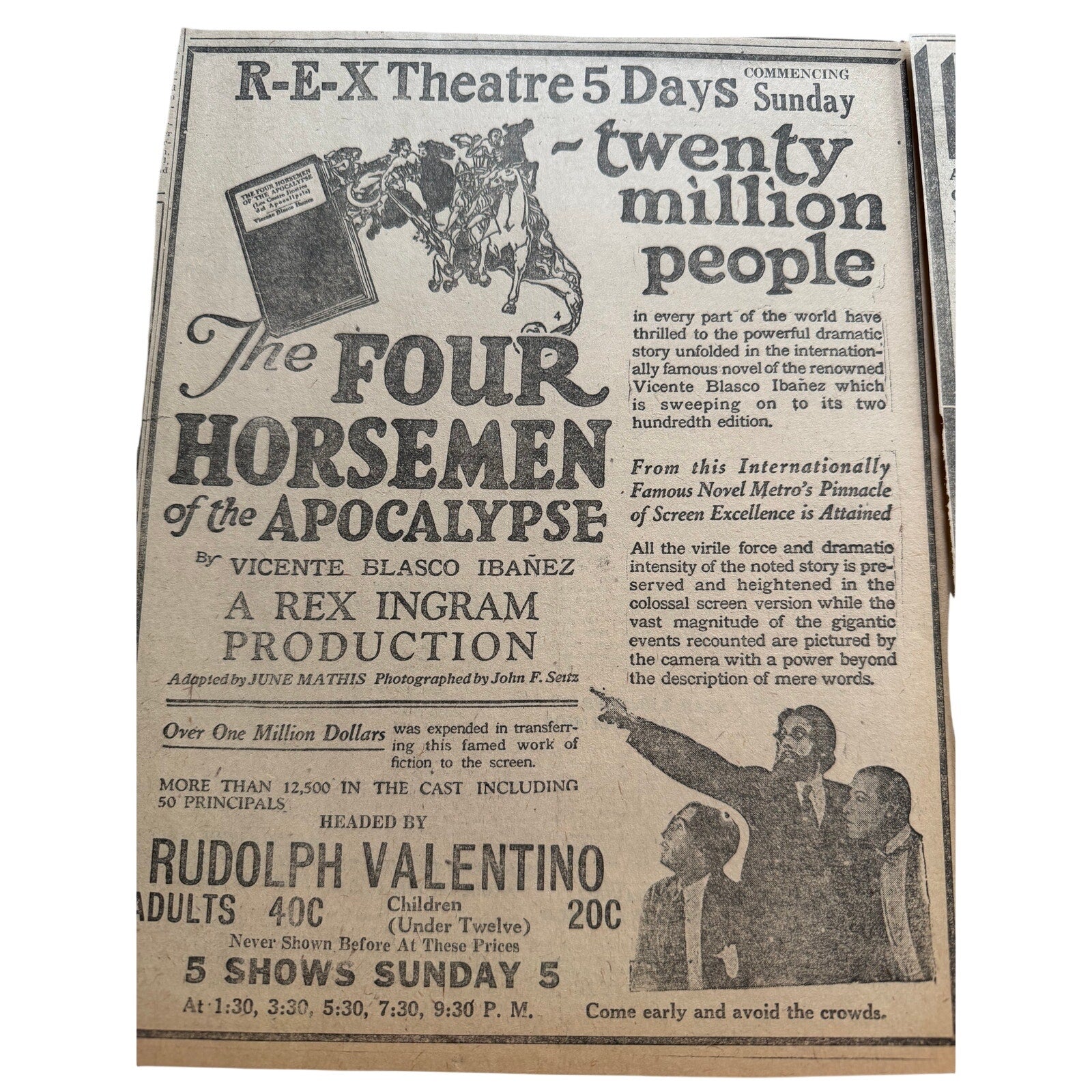 3 Rare 1921 Rudolph Valentino Four Horsemen of the Apocalypse Newspaper Movie Ads, The Sheik, Blood and Sand, A Sainted Devil, Young Rajah