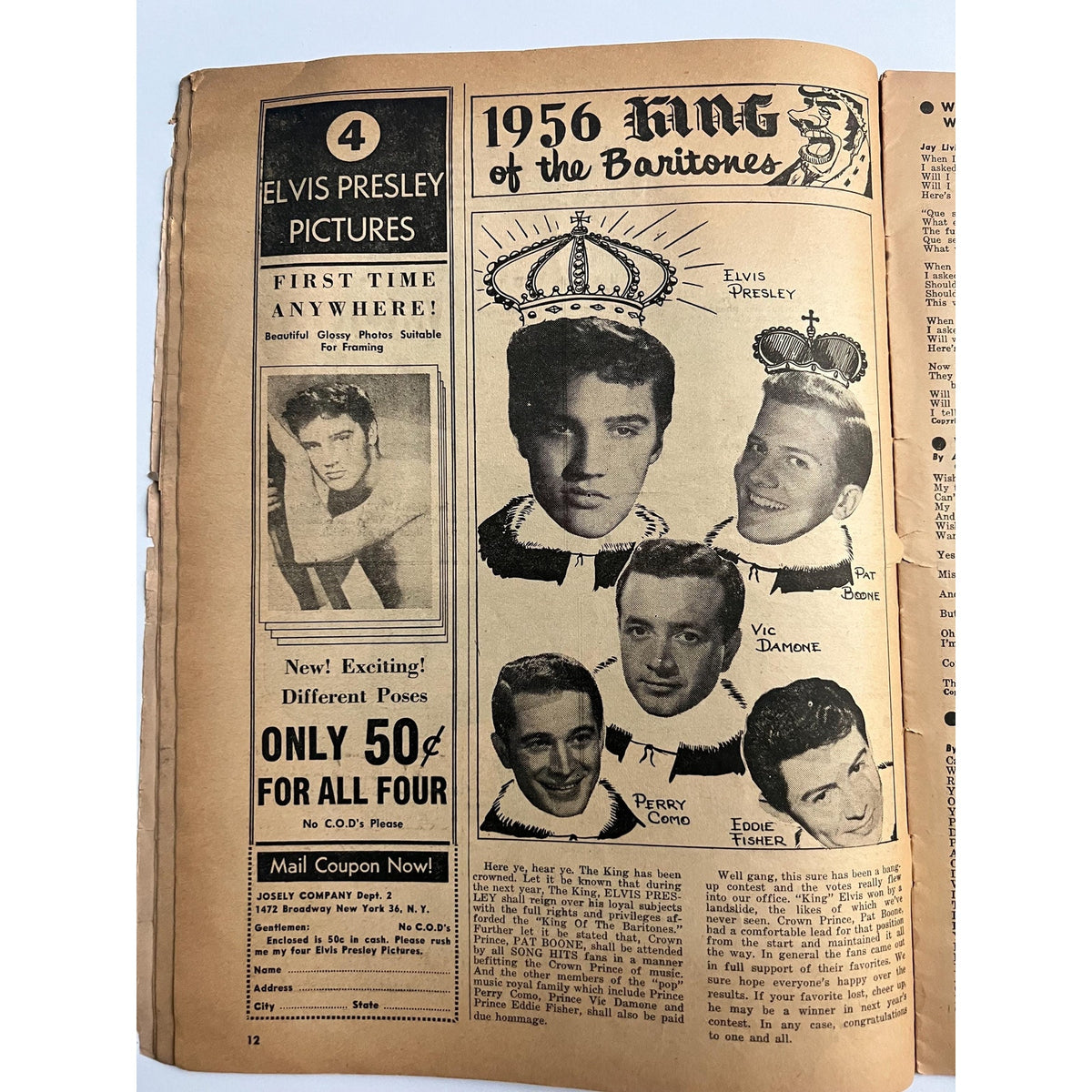 Rare, Original October 1956 Song Hits Magazine with Elvis Presley on the Cover, TCB, The King, Rock n Roll, Graceland, Hound Dog, Rockabilly