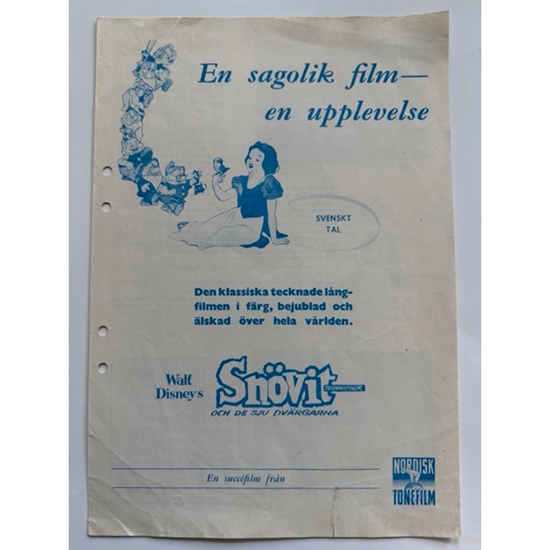 RARE 1963 Swedish Promotional Walt Disney Snow White and the Seven Dwarfs, Merchandise Order Form