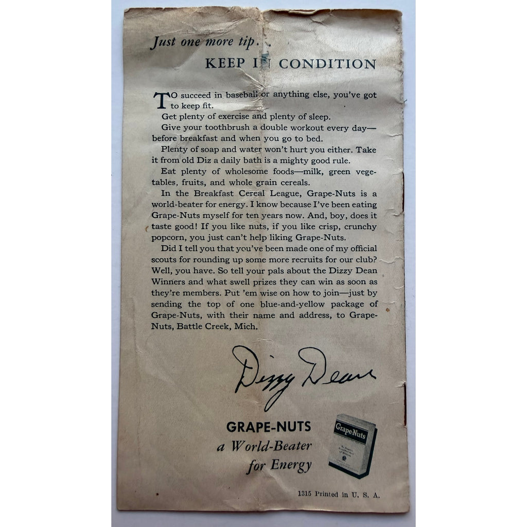 1935 Grape Nuts Dizzy Dean Booklet St. Louis Cardinals Win with Dizzy Gashouse Gang, HOF, World Series Champion, Dean Brothers