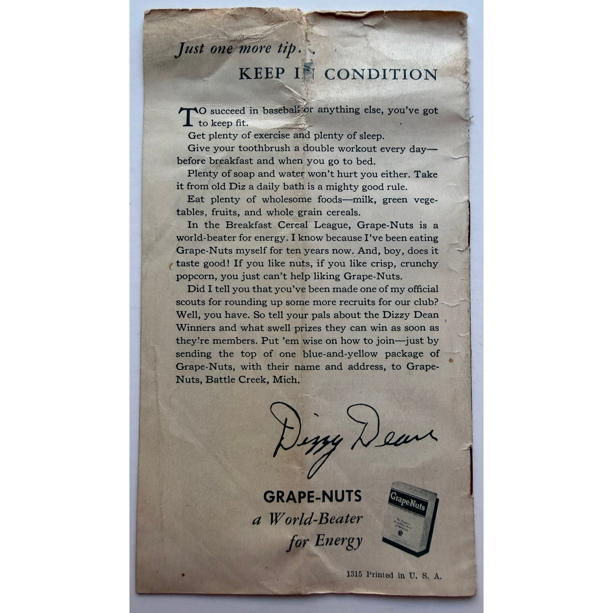 1935 Grape Nuts Dizzy Dean Booklet St. Louis Cardinals Win with Dizzy Gashouse Gang, HOF, World Series Champion, Dean Brothers