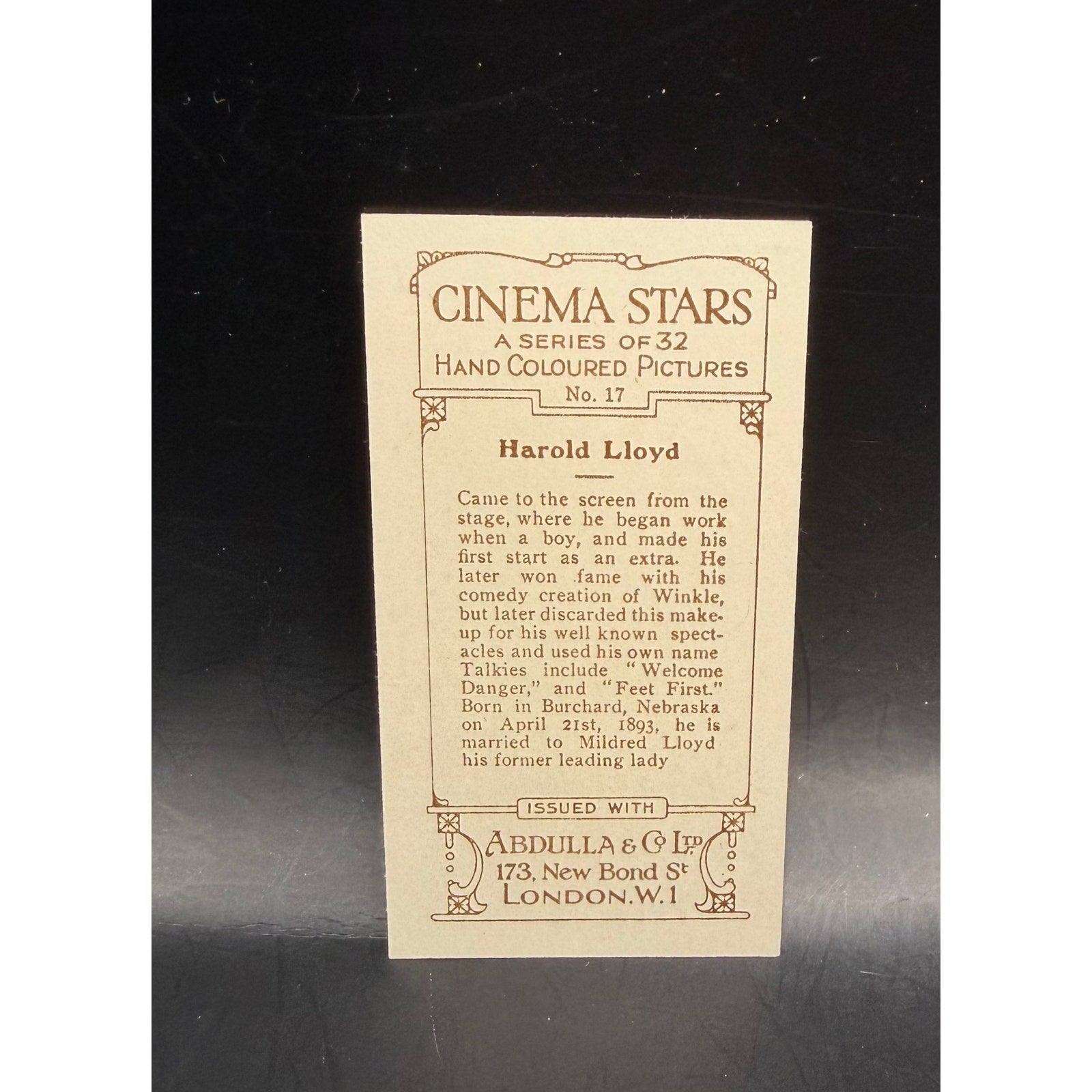 RARE 1934 Abdulla Harold Lloyd Card 17 Hollywood Safety Last, Freshman, Speedy, Girl Shy, Why Worry, Silent Film, Silent Movie