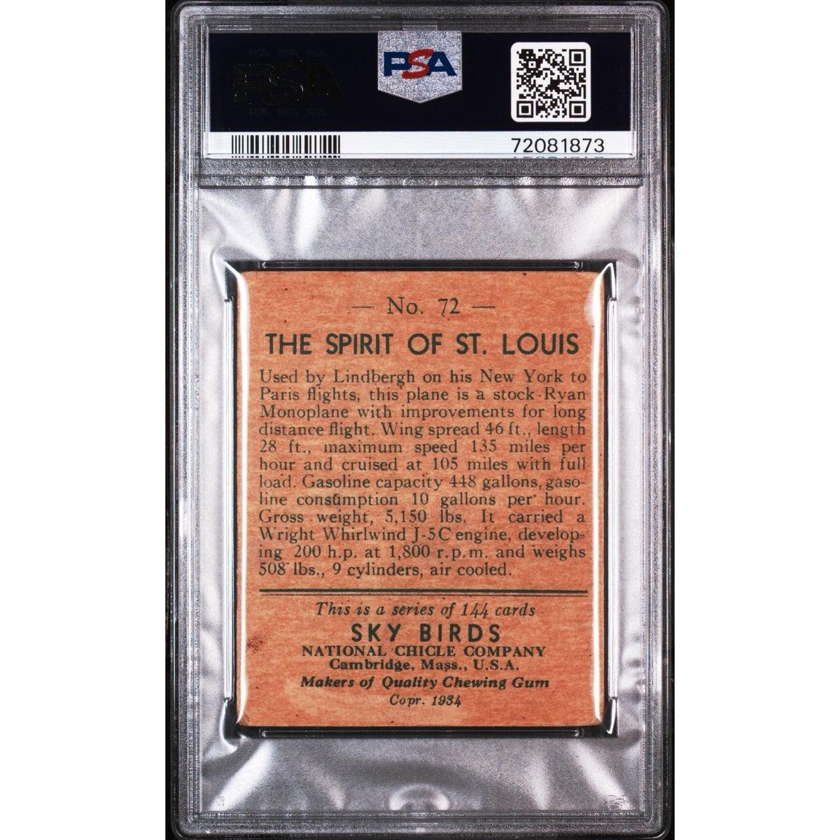 1934 National Chicle Spirit of St. Louis Charles Lindbergh PSA 2 Sky Birds Plane Aviation Lindbergh Card Lindy