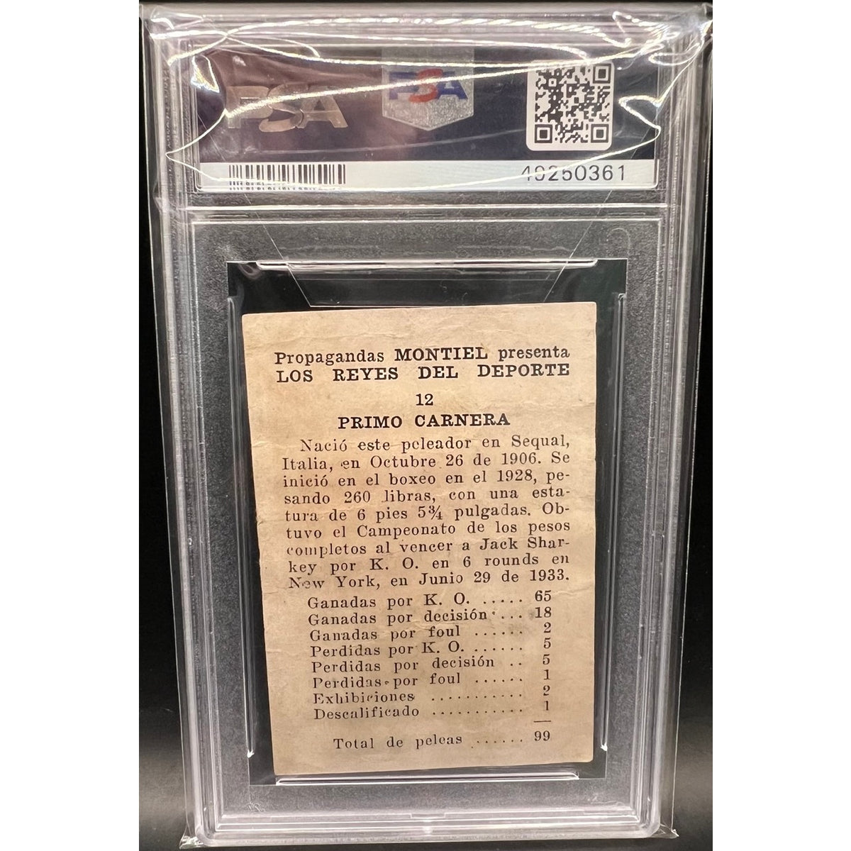 RARE 1946 Propagandas Montiel Primo Carnera PSA 1 Boxing Da Preem Heavyweight Champion Ambling Alp Gentle Giant