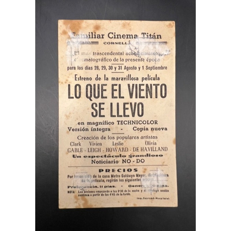 RARE Original Spanish Gone with the Wind Movie Herald Handbill Hollywood Clark Gable, Rhett Butler, Misfits, Saratoga, Happened One Night
