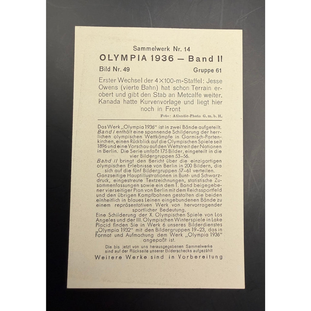 1936 Reemtsma Olympia Jesse Owens Card Olympic Gold Medal, Track, Sammelwerk