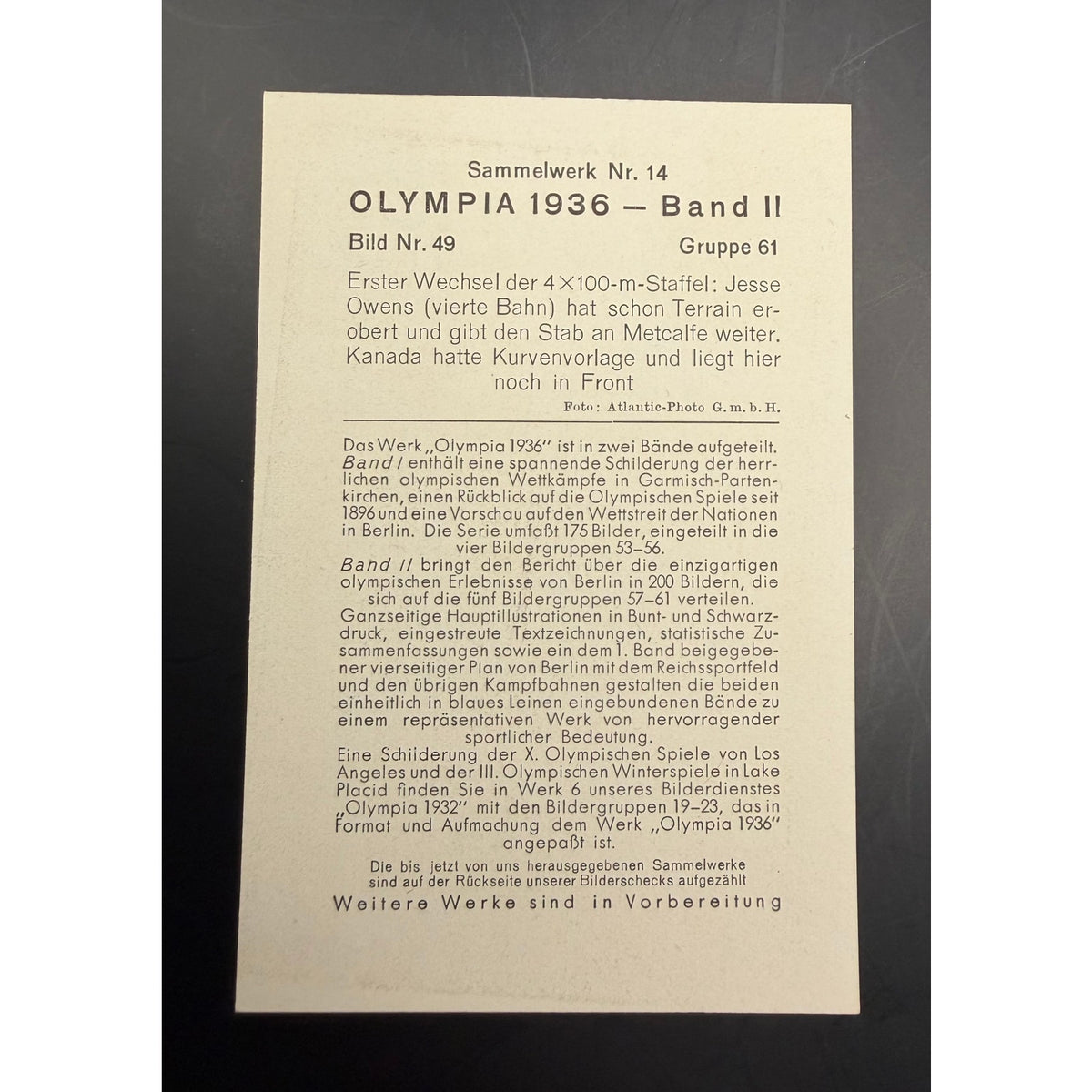1936 Reemtsma Olympia Jesse Owens Card Olympic Gold Medal, Track, Sammelwerk