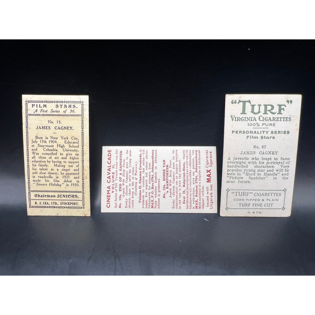 3 1930s-40s James Cagney Tobacco Cards Yankee Doodle Dandy, White Heat, Hollywood, Public Enemy, Roaring 20s, GMen, Angels with Dirty Faces