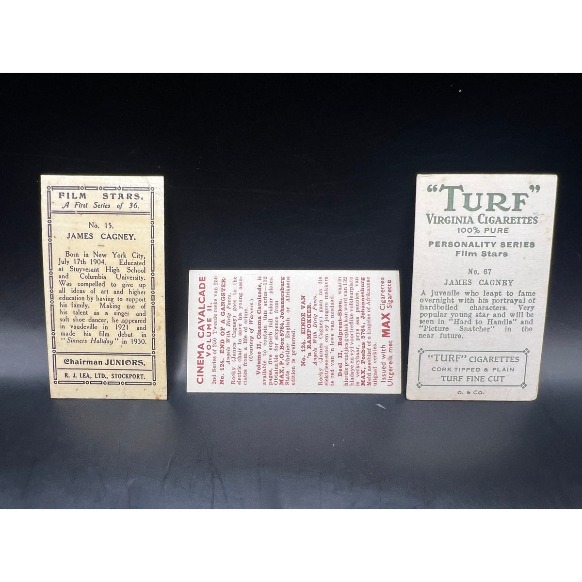 3 1930s-40s James Cagney Tobacco Cards Yankee Doodle Dandy, White Heat, Hollywood, Public Enemy, Roaring 20s, GMen, Angels with Dirty Faces