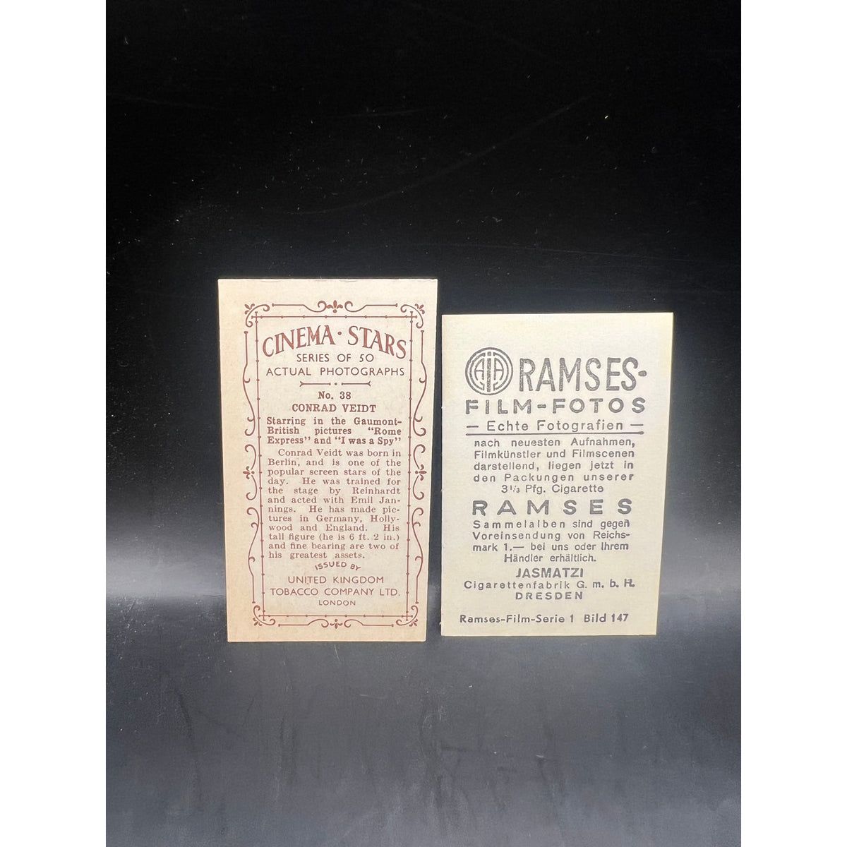 2 Rare German, London 1930s Conrad Veidt Cards, Count Kostia, Dr. Caligari, Hollywood, Rasputin, Man Who Laughs, Casablanca