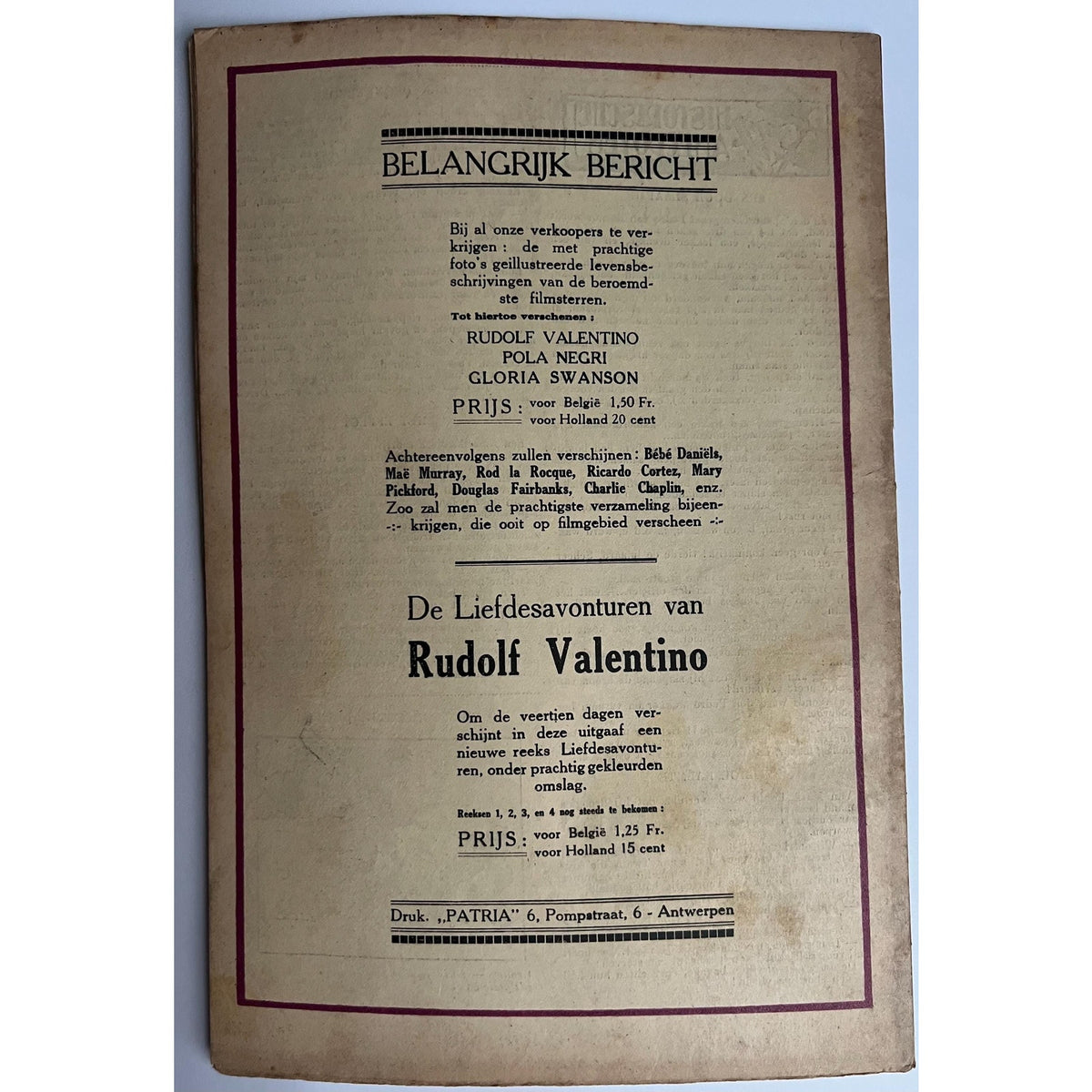 Super Rare Dutch Rudolph Valentino Magazine from October 1926 Silent Movie, Hollywoodland, Sheik, Latin Lover, Hollywood, Great Lover, Rudy
