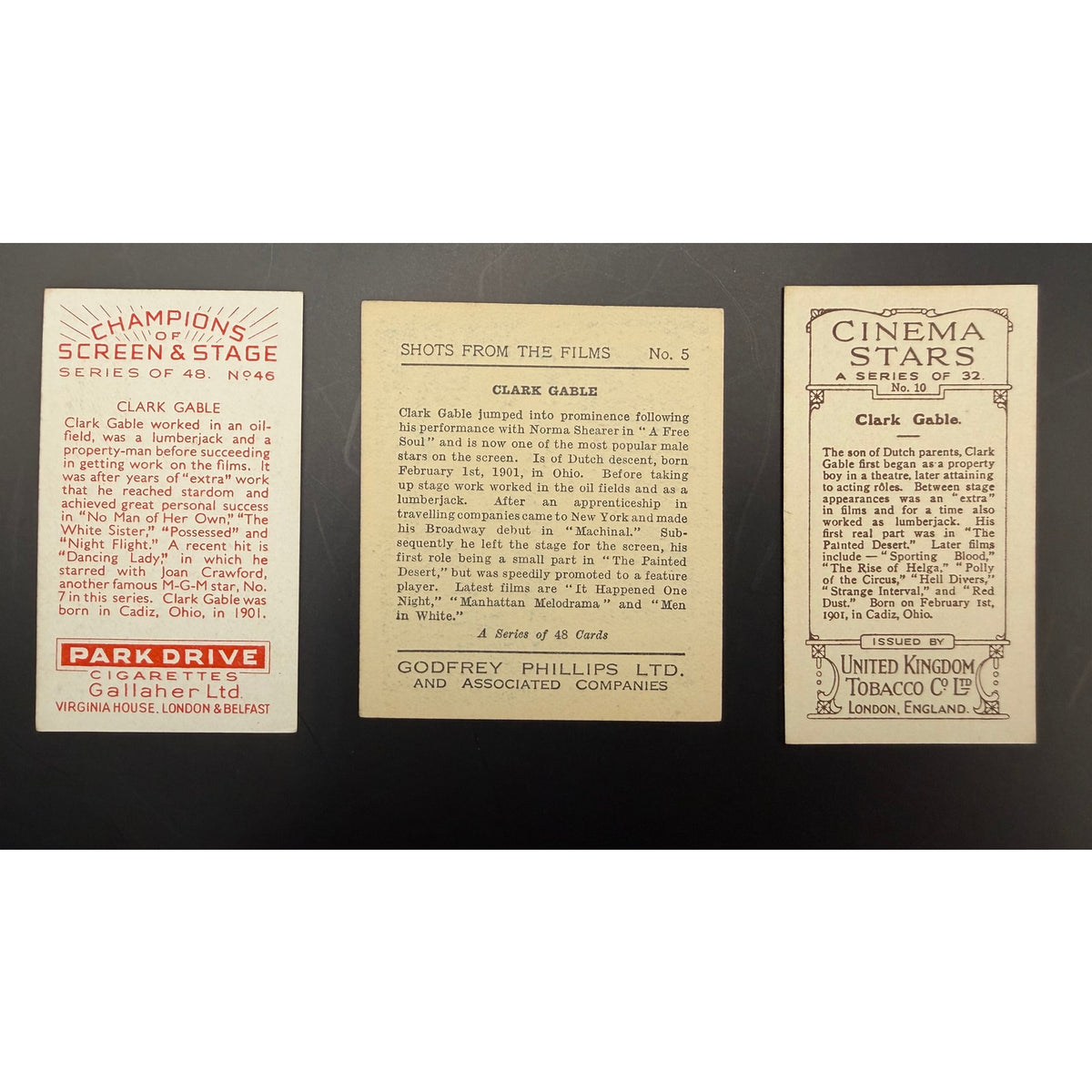 RARE 1930s Clark Gable Tobacco Cards Gone with the Wind, Misfits, Saratoga, Red Dust, It Happened One Night, Hold Your Man, Night Nurse