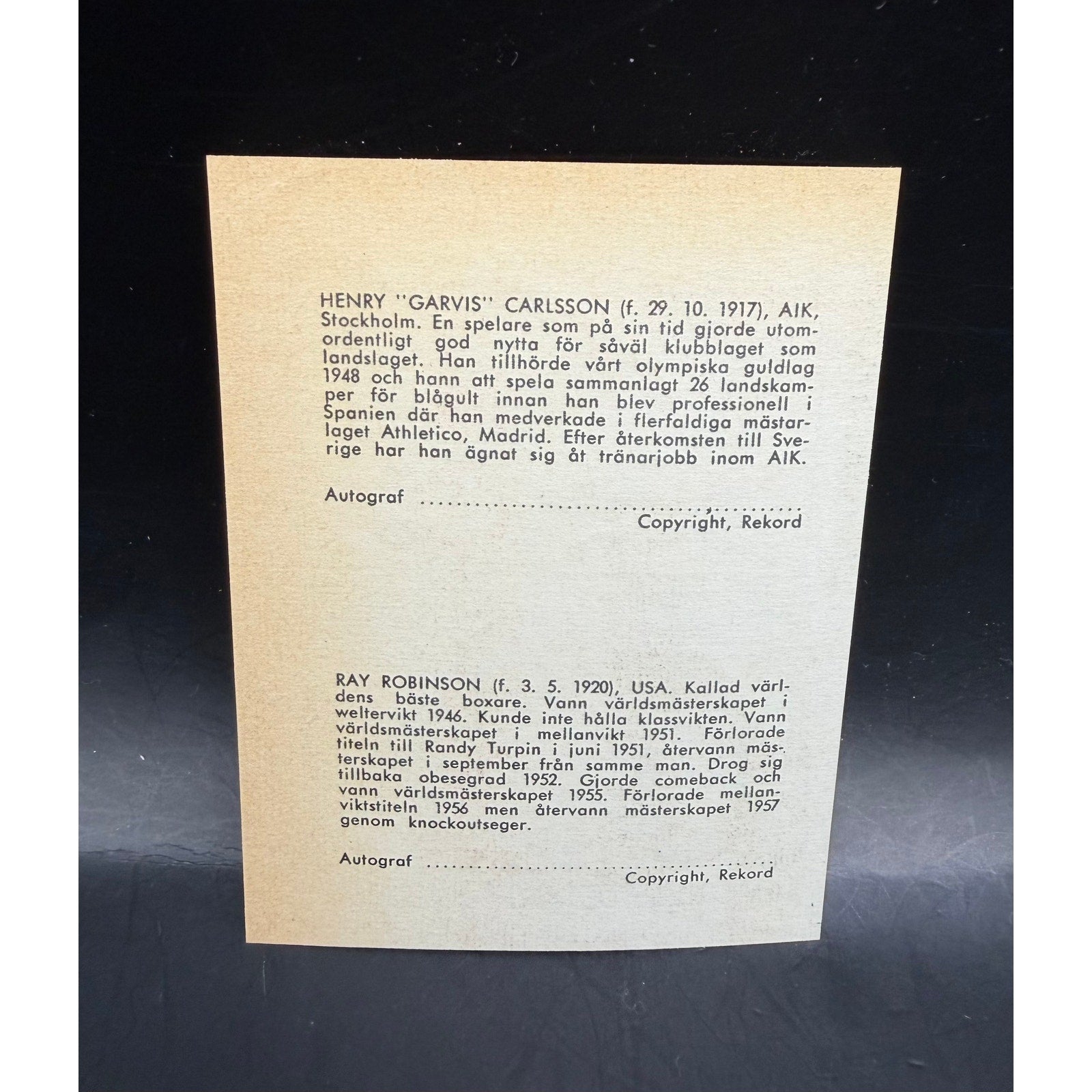 RARE 1957 Swedish Rekord Journal Sugar Ray Robinson Boxing Card Carlsson Champ