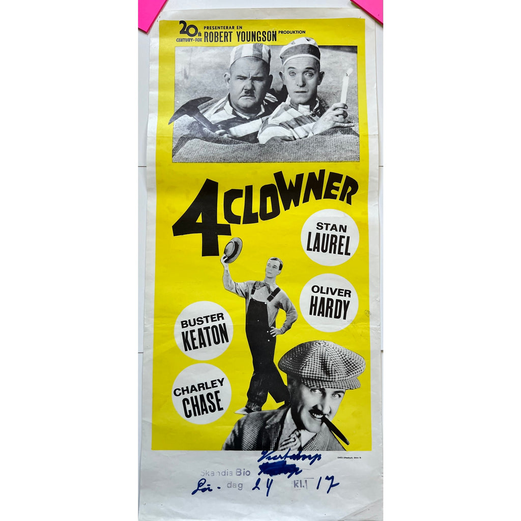 RARE 1970 Swedish 4 Clowner Laurel and Hardy Buster Keaton Charley Chase Poster, Bonnie Scotland, Beau Hunks, The General, Hollywood