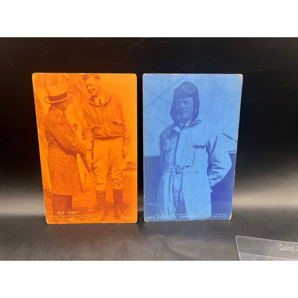 2 Color Tinted Unused 1920s Charles Lindbergh Exhibit Cards Spirit of St Louis Postcard, Lindy