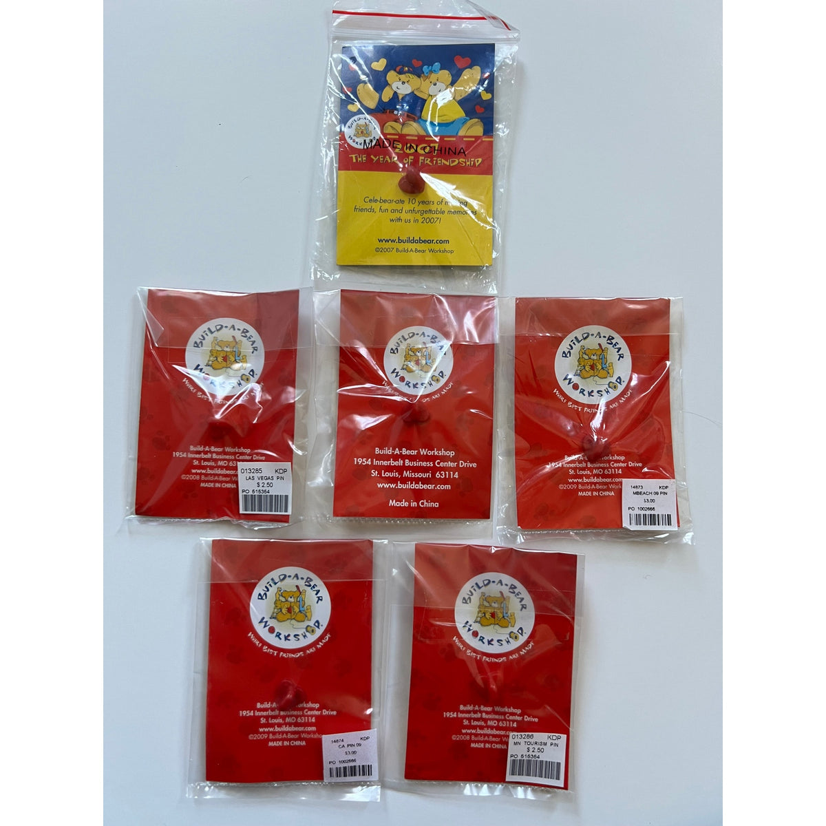 Six Unopened BAB Pins Build a Bear Pins Las Vegas, California, Myrtle Beach, Minnesota, Summer Bear, Build a Bear Workshop