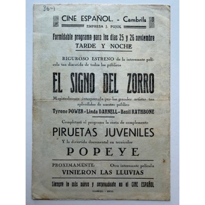 1940s Spanish Mark of Zorro Movie Herald Handbill Tyrone Power, Basil Rathbone, Hollywood, Don Diego, Ty Power, Popeye the Sailor Man