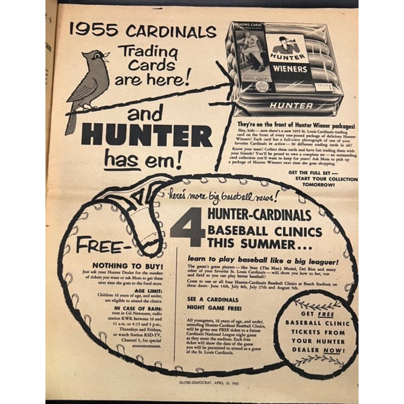 1955 St. Louis Globe Democrat Cardinals Section Stan Musial Hunters Hot Dog Baseball Cards, Stan the Man, 1955 Cardinals, World Champs
