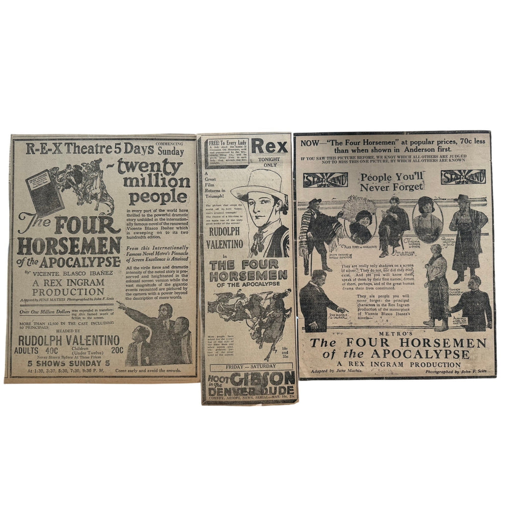 3 Rare 1921 Rudolph Valentino Four Horsemen of the Apocalypse Newspaper Movie Ads, The Sheik, Blood and Sand, A Sainted Devil, Young Rajah