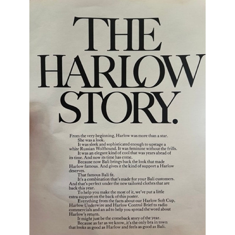 UBER RARE 1970's 1980's Bali Underwear Jean Harlow Trade Promotional Poster! Dinner at Eight, Riff Raff, Saratoga, Red Dust
