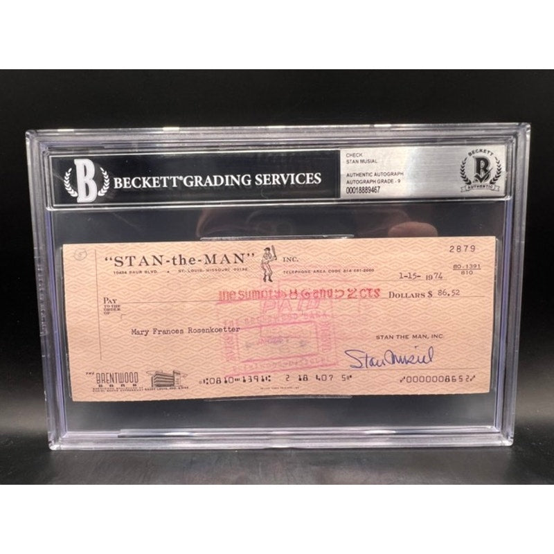 1974 Stan Musial Autographed Stan the Man, Business Check, St. Louis Cardinals, MLB, Baseball, HOF, St. Louis