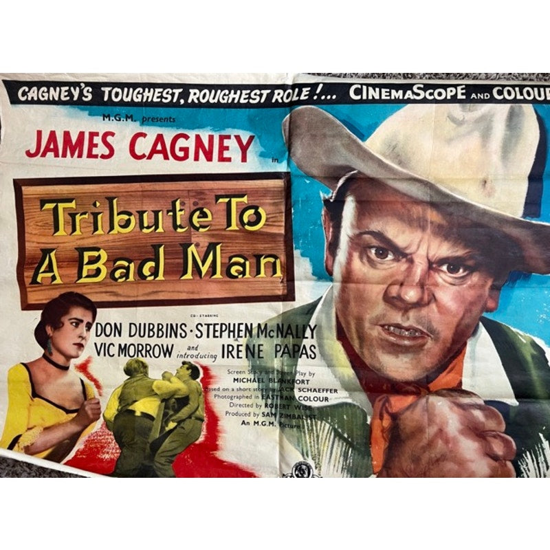 Original 1956 UK British Quad from Tribute to a Bad Man Starring James Cagney Western Vintage Movie Poster Jimmy Cagney Hollywood Cowboy