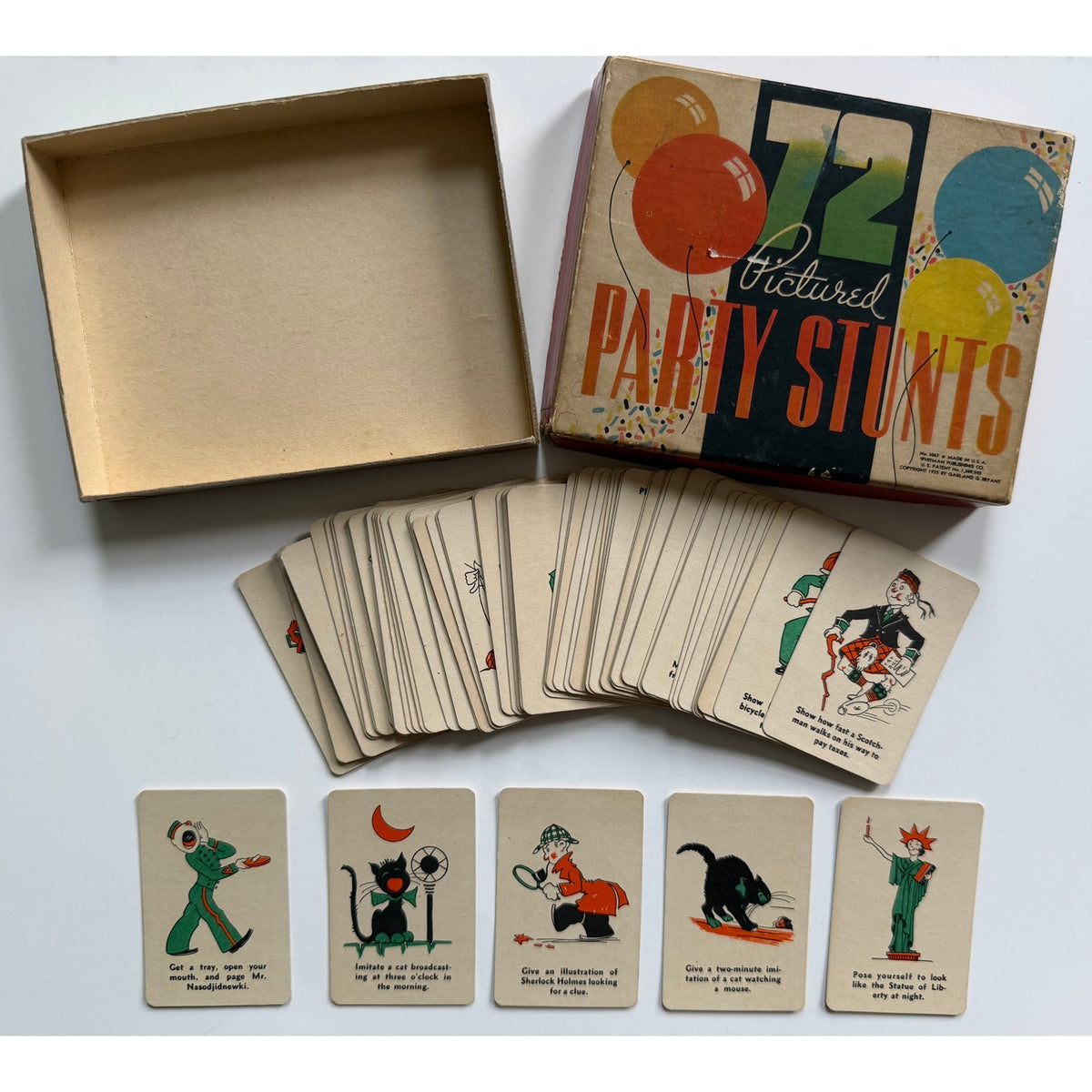 1935 Whitman Party Stunts Card Game W/ Box 65 Cards Included Statue of Liberty