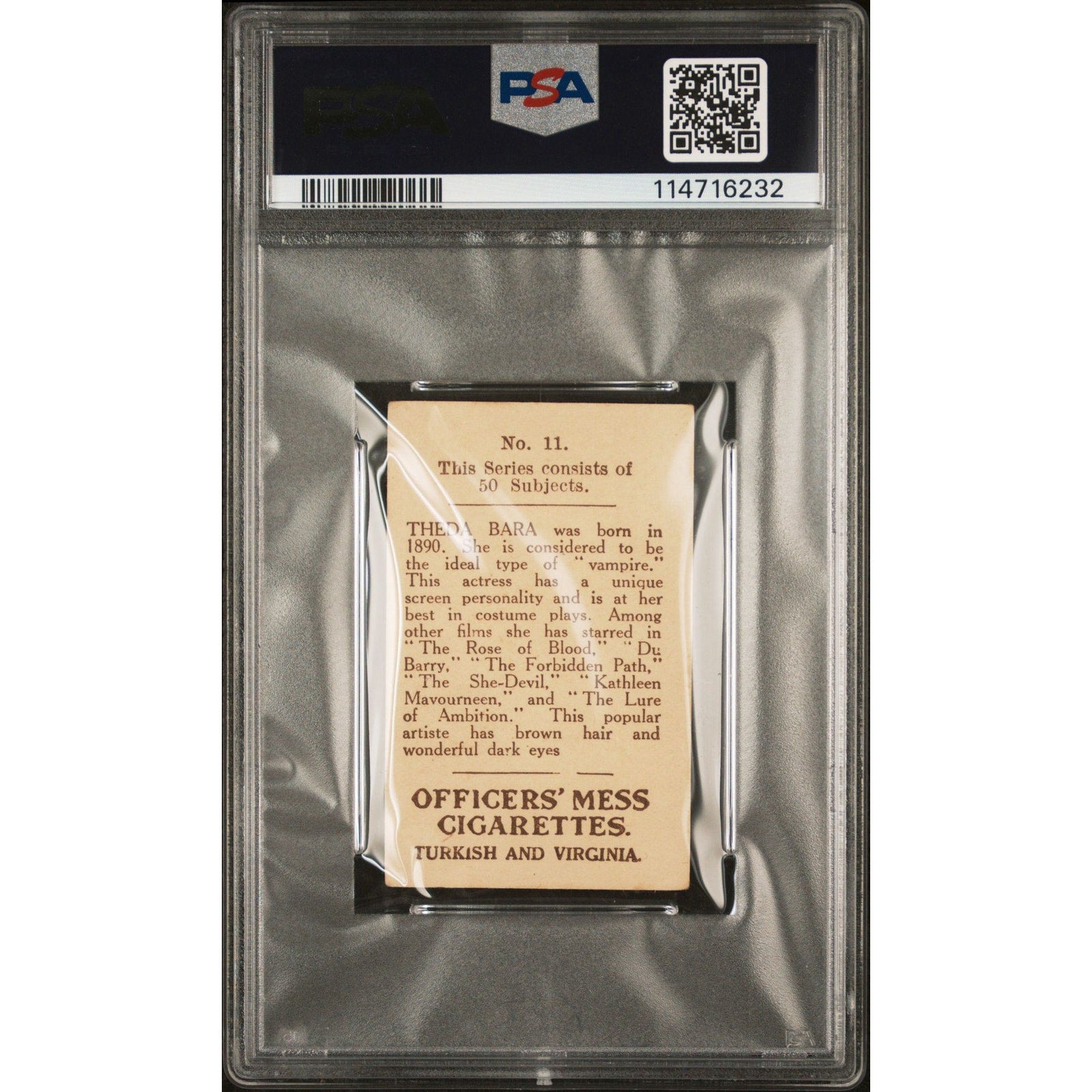 1921 ATM Officers Mess Cigarettes Theda Bara Tobacco Card PSA 2 Only One Graded! Vamp Cleopatra Salome