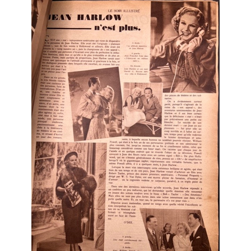 RARE French 1937 Jean Harlow Magazine Oversized Newspaper, Saratoga, Red Dust, Public Enemy, Dinner at Eight, Personal Property