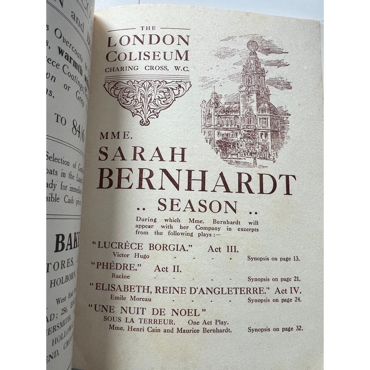 RARE 1912 London Coliseum Program Sarah Bernhardt French Actress Hamlet, Theater, Mothers of France, Jeanne Dore
